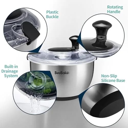SveBake Stainless Steel Salad Spinner 4.8 Qt | Easy Clean Crank Design with Non-Slip Base thumbnail 4