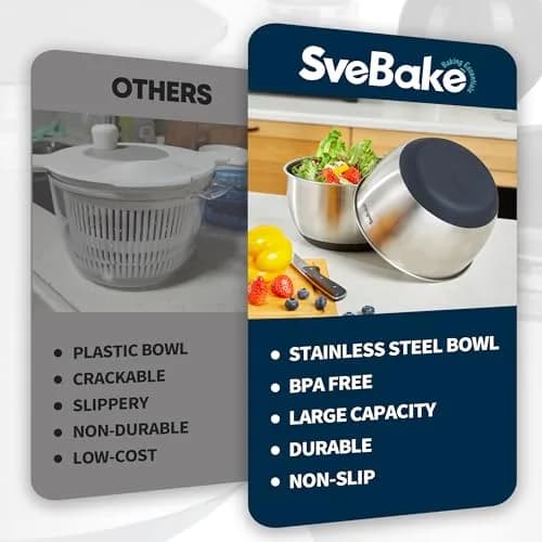 SveBake Stainless Steel Salad Spinner 4.8 Qt | Easy Clean Crank Design with Non-Slip Base thumbnail 9