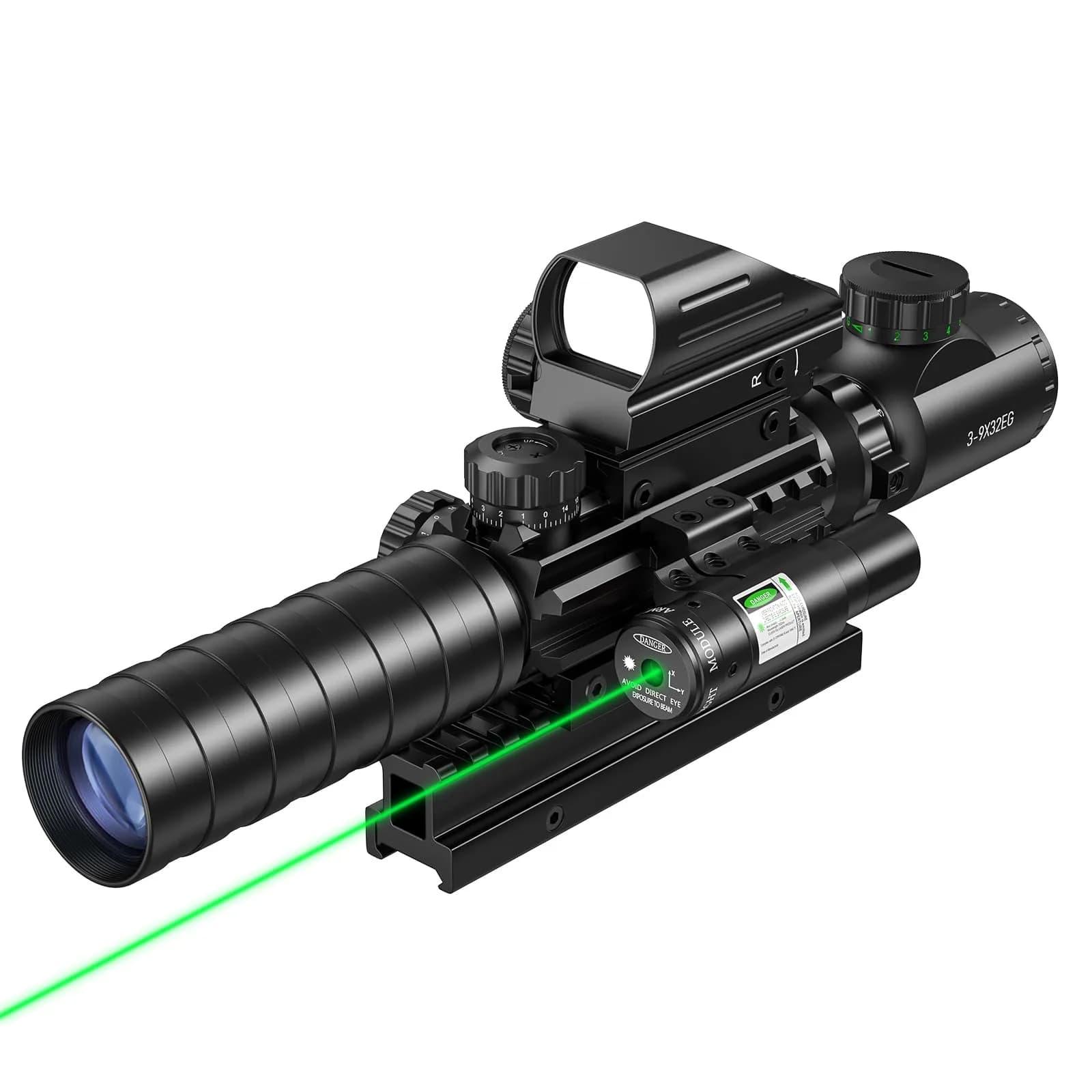 MidTen 3-9x32 5-in-1 Scope Combo with Dual Illuminated Rangefinder Reticle, Laser Sight, Red Dot, Flashlight, 20mm Mount, Green — Green / 4-in-1