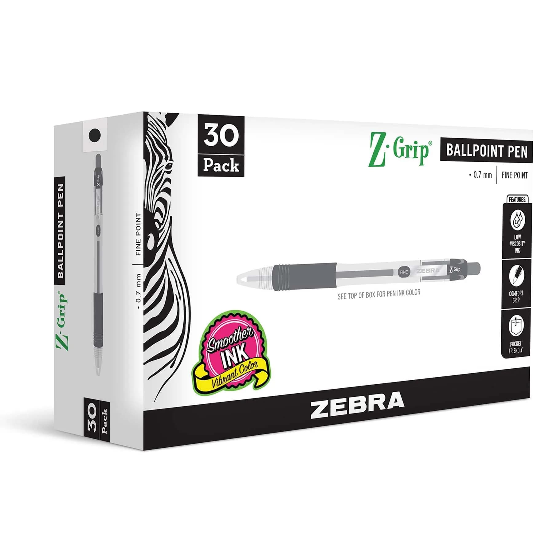 Zebra Pen Z-Grip Retractable Ballpoint Pens, Black Ink, 0.7mm Fine Point, 30-Pack | Smooth Writing for Students & Professionals