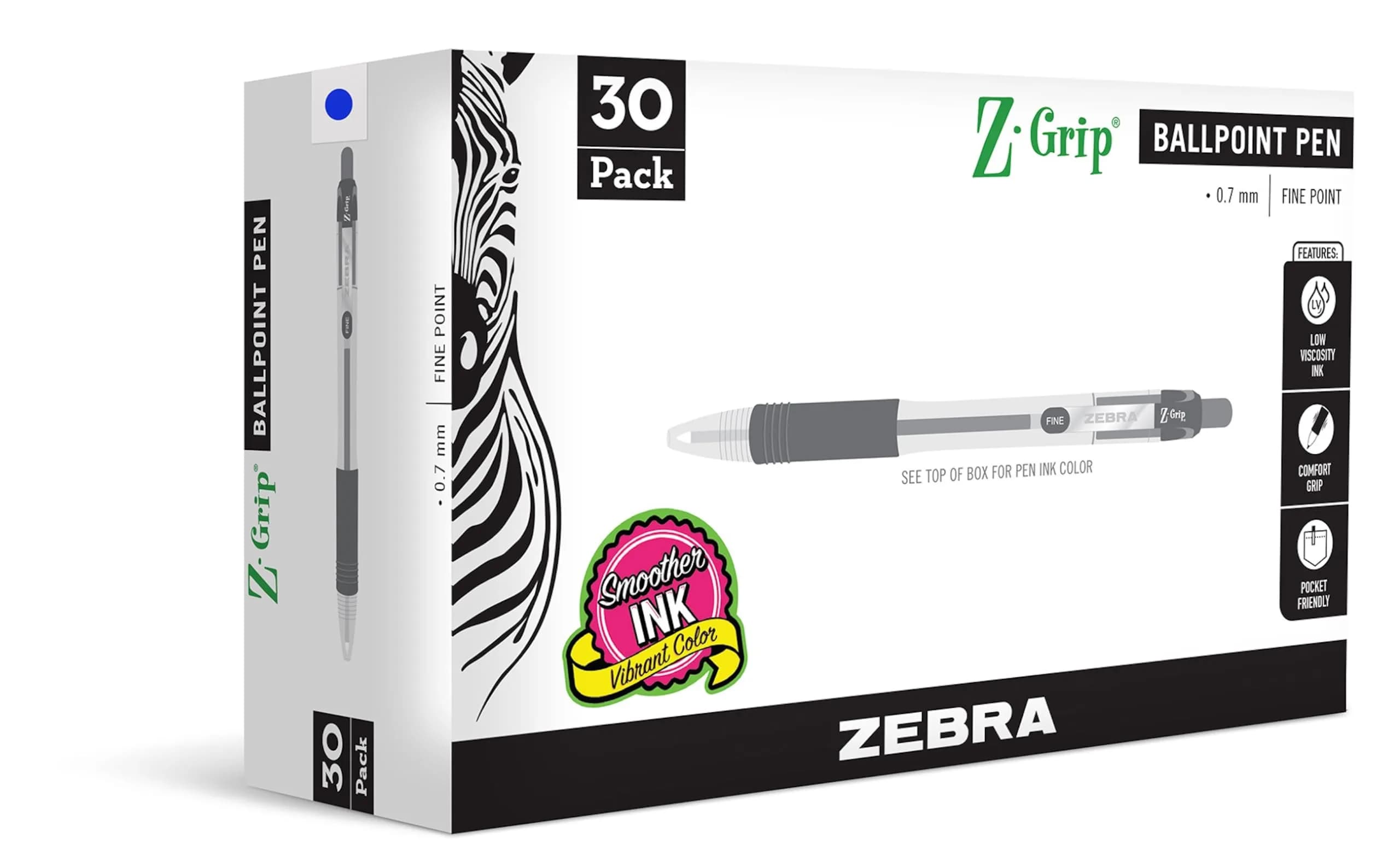 Zebra Pen Z-Grip Retractable Ballpoint Pens, Black Ink, 0.7mm Fine Point, 12-Pack | Smooth Writing for Students & Office — Blue Ink