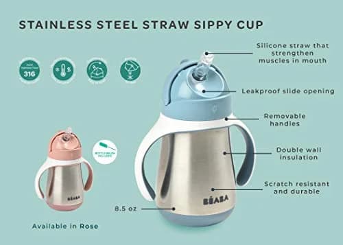 Béaba Stainless Steel Straw Sippy Cup, Insulated Toddler Cups Spill Proof with Removable Handles, 250ml (8.5 oz) | BPA-Free, Leak-Proof thumbnail 5