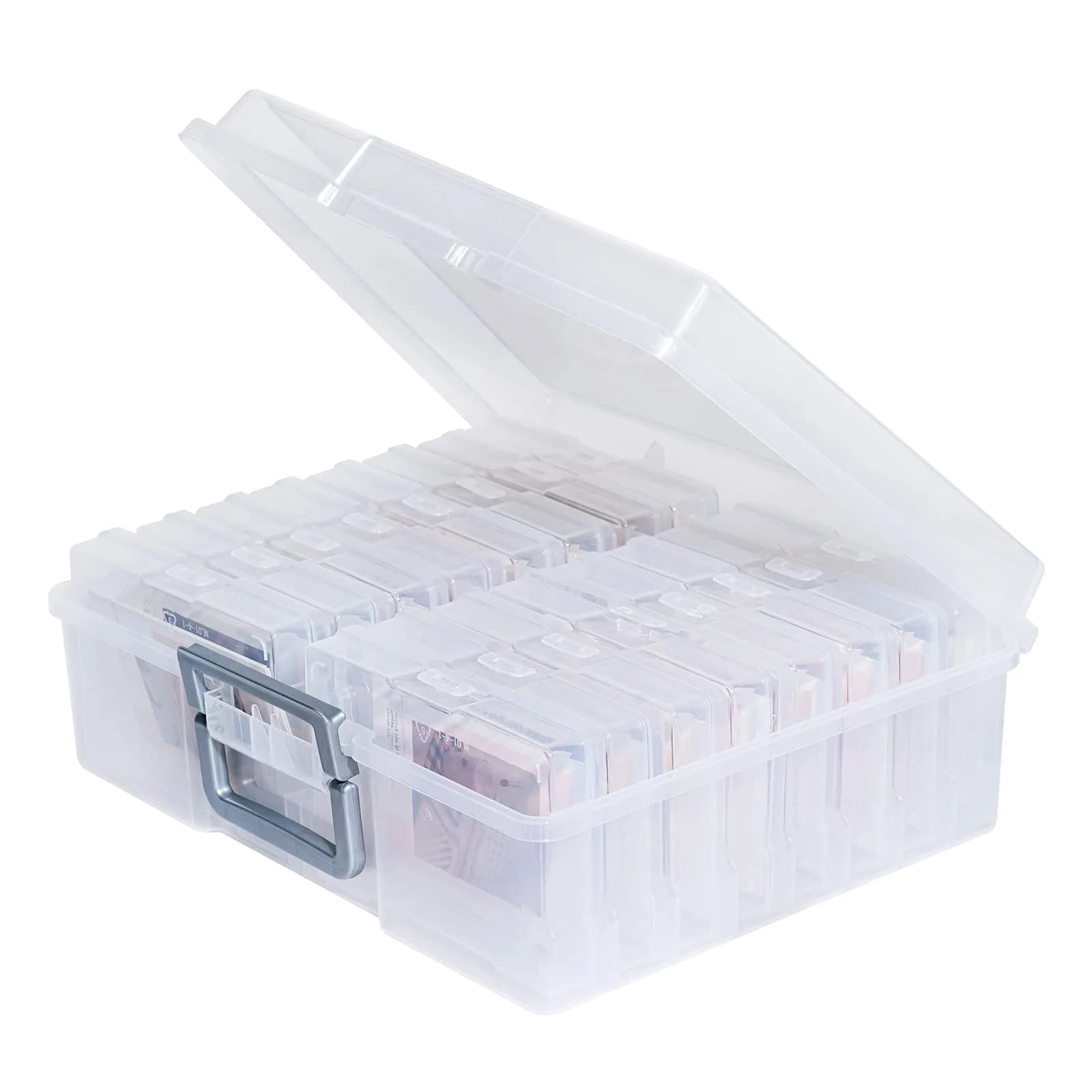 novelinks Photo Storage Box with 16 Inner Containers | Clear Silver Handle, 12" x 14.8" x 5.1" — Clear-Silver Handle