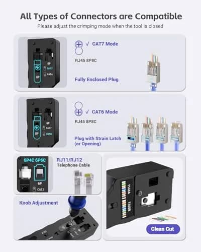 VCELINK All-In-One Ethernet Crimper Tool with Mini Stripper for Cat6/Cat5e RJ45 Connectors | 23-28AWG Cable thumbnail 2