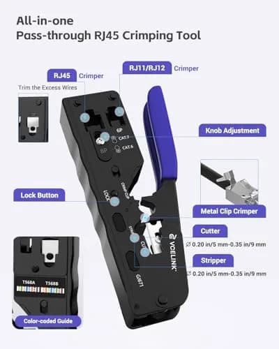 VCELINK All-In-One Ethernet Crimper Tool with Mini Stripper for Cat6/Cat5e RJ45 Connectors | 23-28AWG Cable thumbnail 3