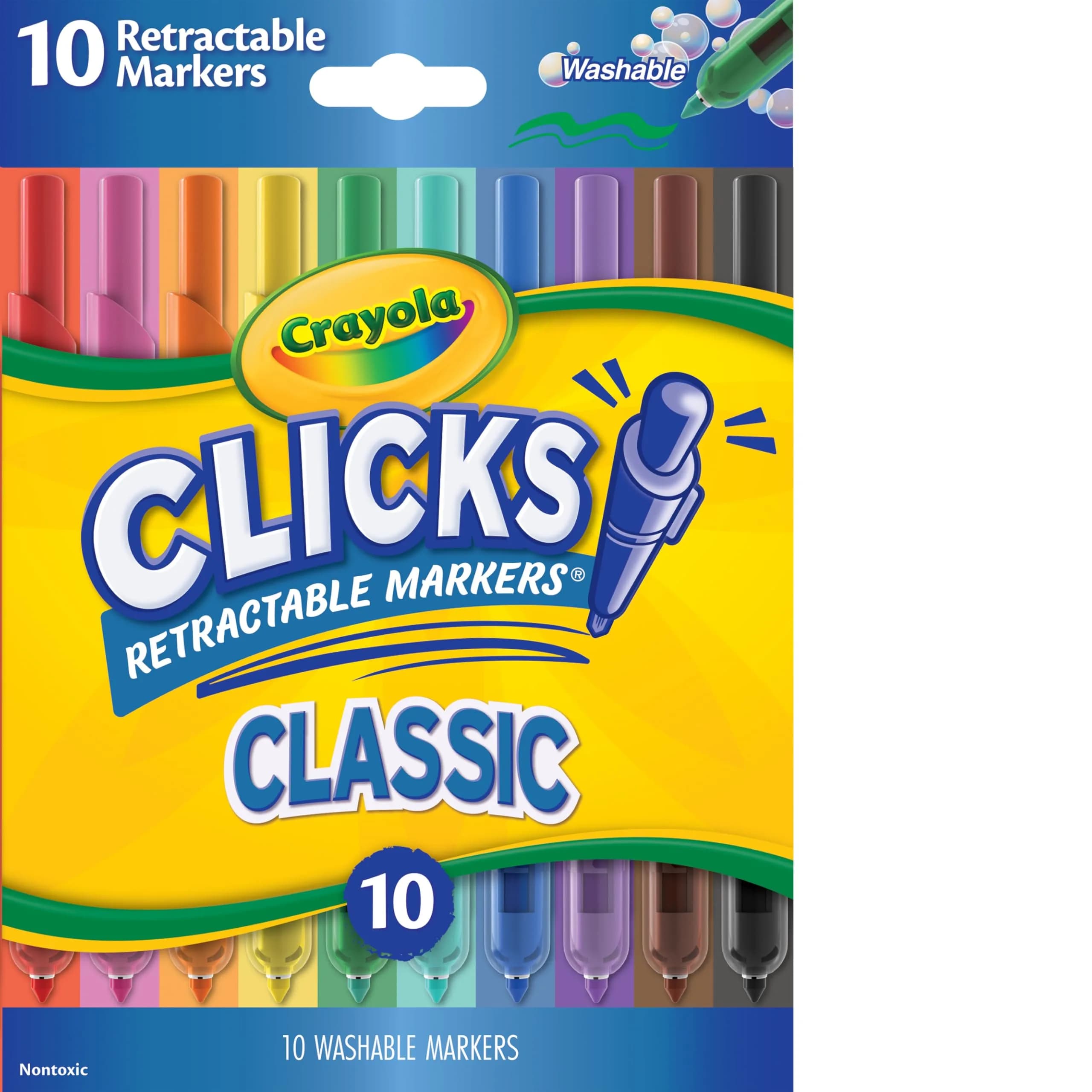 Crayola Clicks Retractable Tip Markers (10 Count, 1 Millimeter) | Washable Cone Tip Art Marker Set - main product image