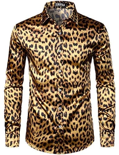 ZEROYAA Men's Slim Fit Leopard Printed Satin Shirt Large | Party & Prom Ready thumbnail 1