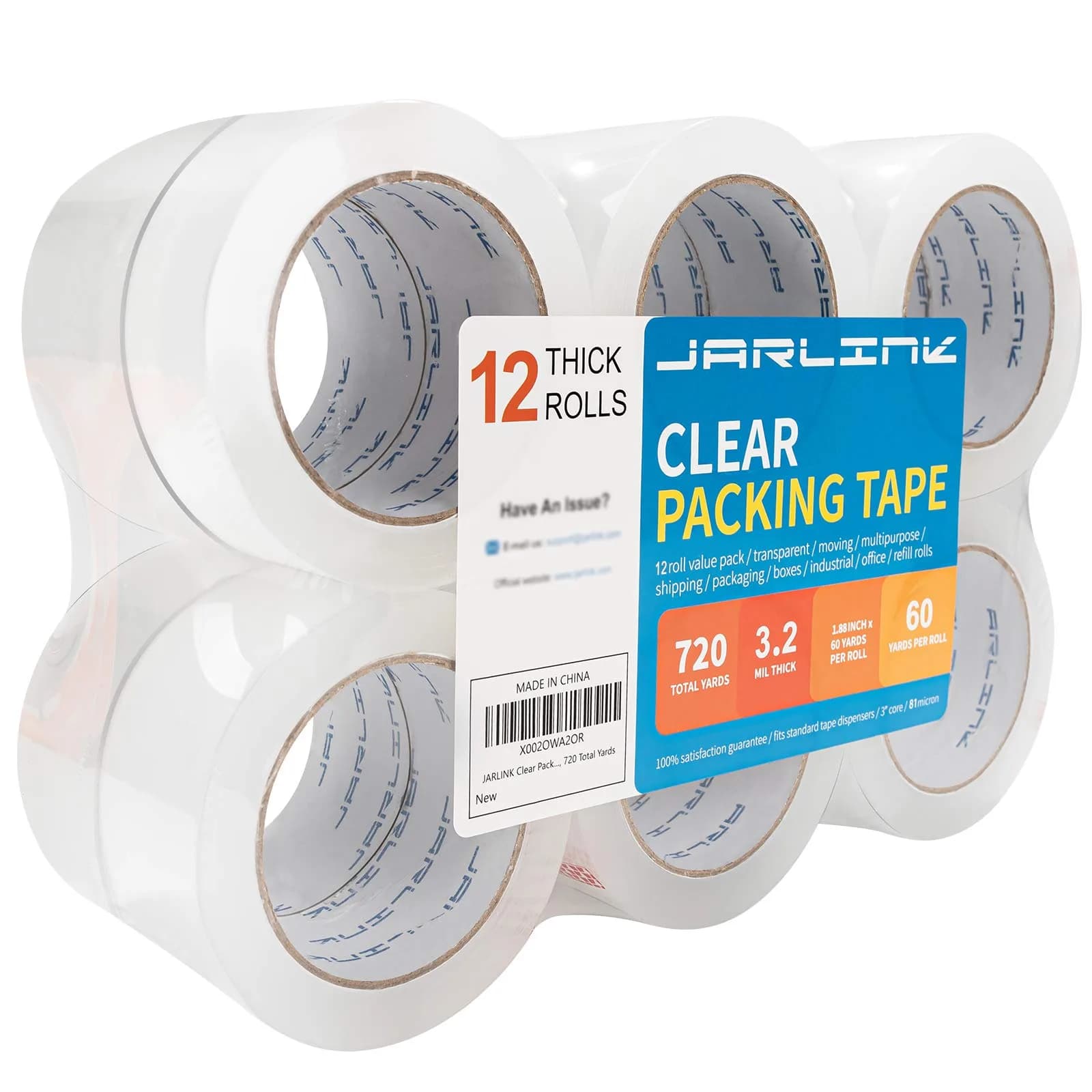 JARLINK Clear Packing Tape 12 Rolls | 2.7mil Thick, 60 yd/Roll | Heavy Duty Packaging Tape for Shipping & Sealing — 12 Rolls