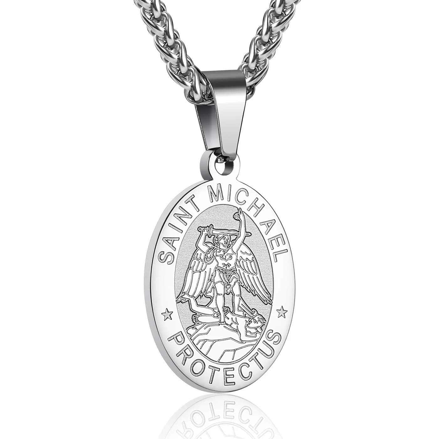 P. BLAKE Gold St Christopher Medal Necklace for Men & Boys, 24 inch (61 cm) Chain | Religious Catholic Jewelry — Silver / St. Michael