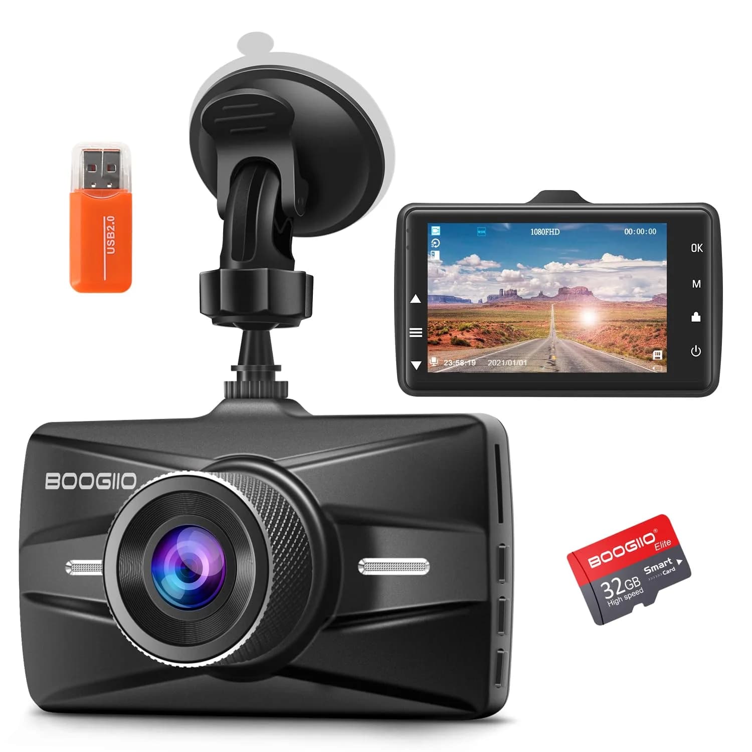 BOOGIIO 1080P Dash Cam with 32GB SD Card, 3-inch IPS Screen, 170° Wide Angle, Aluminum Alloy Case | Night Vision, WDR, Parking Monitor - main product image
