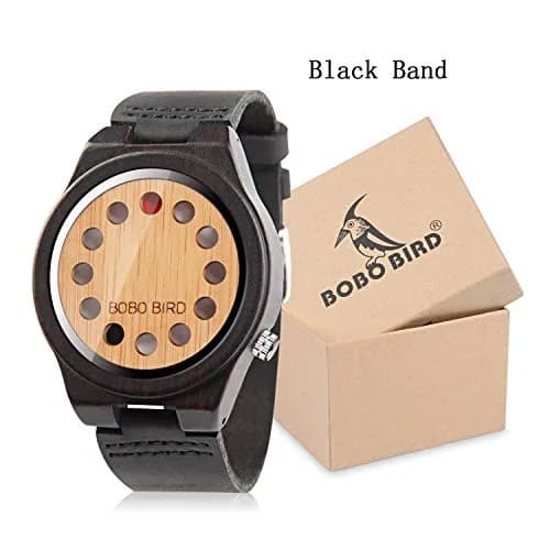 BOBO BIRD Men's Bamboo Wooden Watch with Black Leather Strap & 12-Hole Timer Design | Japanese Quartz Movement thumbnail 3