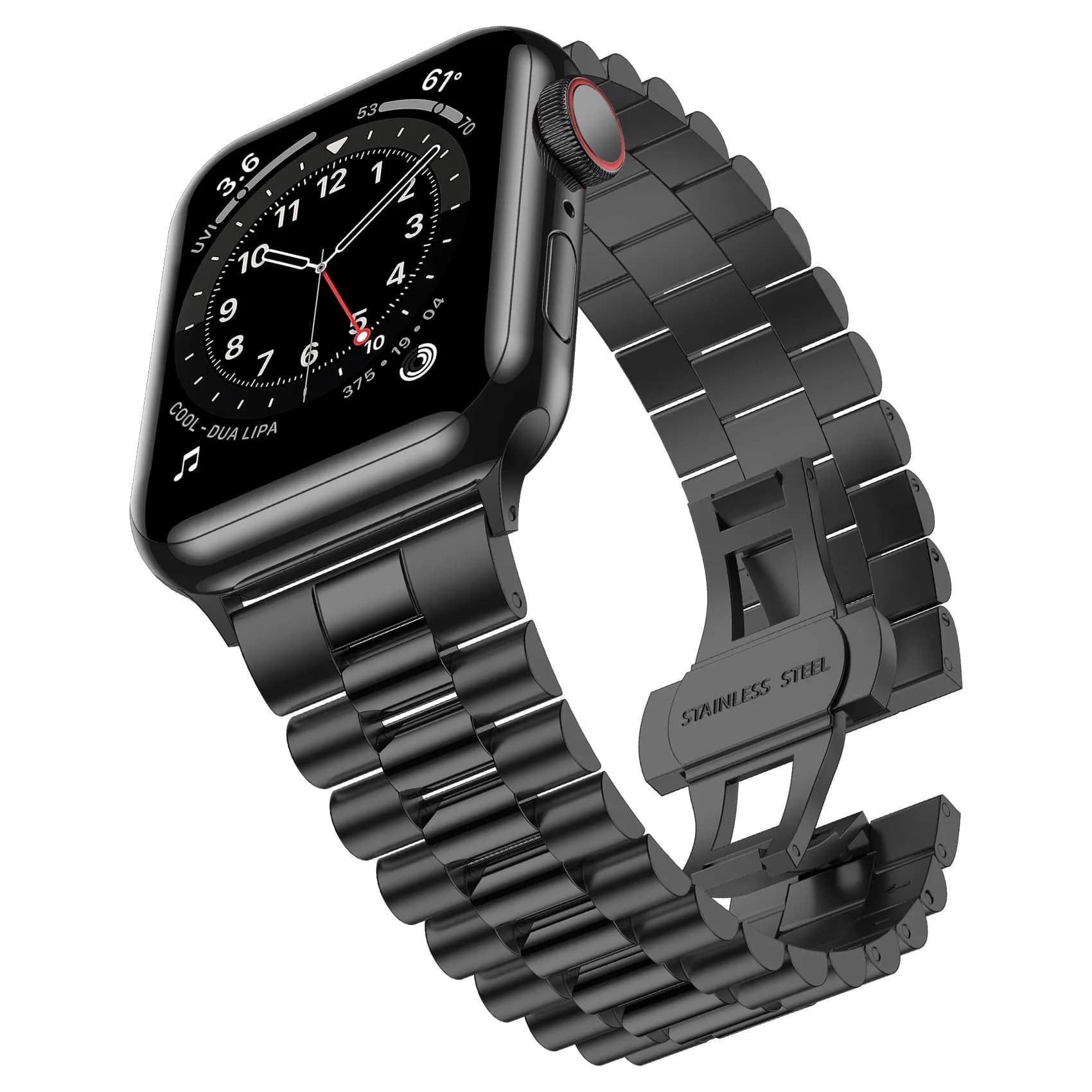 baozai Stainless Steel Watch Band for Apple Watch Ultra 49mm, Series 1-11, SE 42-45mm | Classic 3-Row Design with Butterfly Clasp — 3Rows-Black