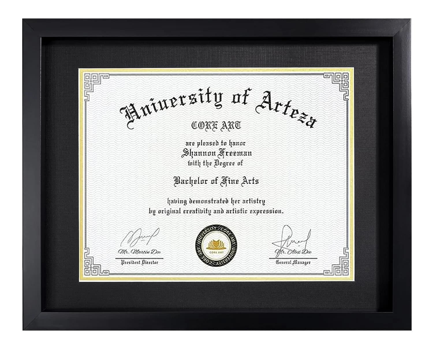 CORE ART Black Diploma Frame with Mat for 8.5 x 11 Certificate, 11x14 Document Display | Tempered Glass & Wood-Plastic Composite