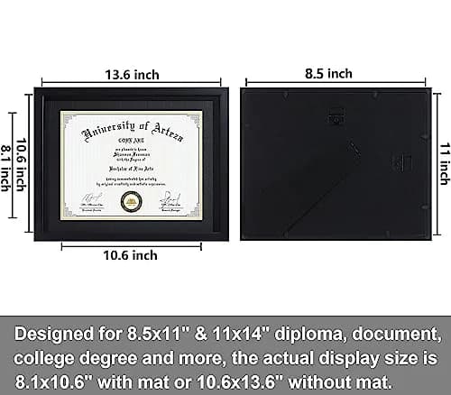 CORE ART Black Diploma Frame with Mat for 8.5 x 11 Certificate, 11x14 Document Display | Tempered Glass & Wood-Plastic Composite thumbnail 6