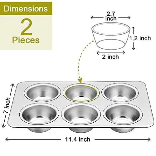 P&P CHEF 6-Cup Muffin Pan Tin, Stainless Steel Cupcake Pan, 2-Pack, 29.2cm x 18.7cm (11.4" L x 7" W) thumbnail 2