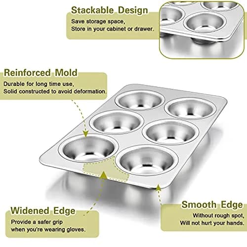 P&P CHEF 6-Cup Muffin Pan Tin, Stainless Steel Cupcake Pan, 2-Pack, 29.2cm x 18.7cm (11.4" L x 7" W) thumbnail 3