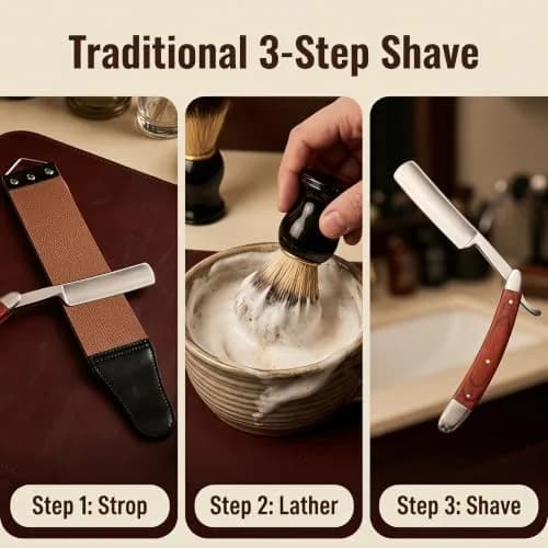 YU&CH Straight Razor Shaving Kit with Leather Strop & Brush for Men | Classic Barber Style Wet Shave thumbnail 4