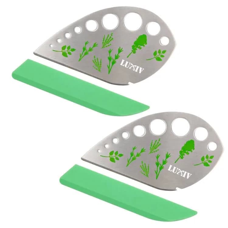 Luxiv Herb Stripper Tool Stainless Steel 9-Hole Leaf Peeler with Knife & Cover | 2 in 1 Cutting & Stripping for Kale, Chard, Basil, Thyme, Rosemary — Green