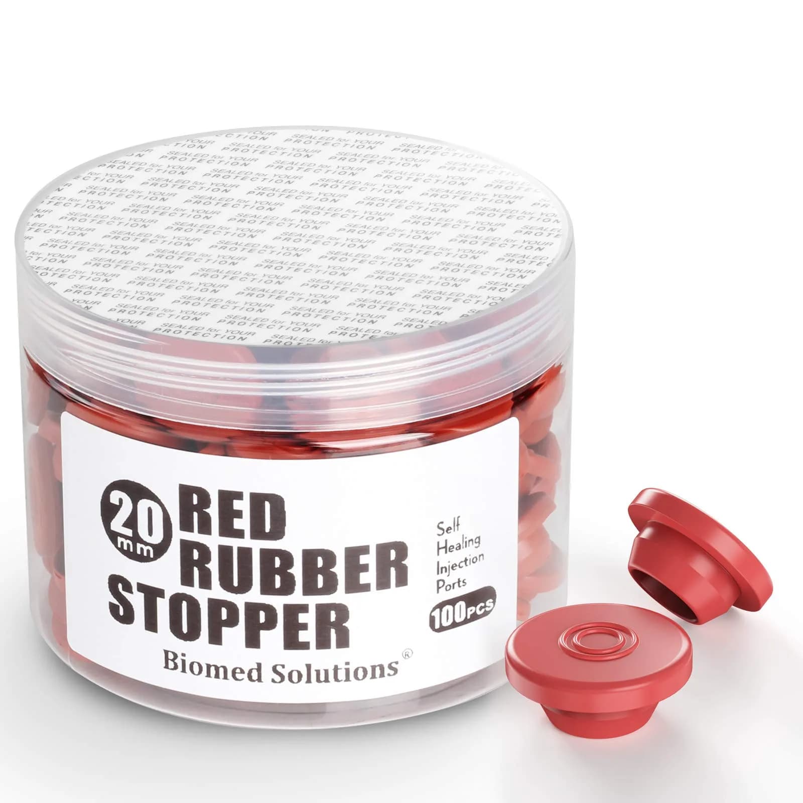 Biomed Solutions 13mm Self Healing Injection Ports Vials Rubber Stoppers 100pcs | Reusable Mason Jar & Bottle Seal — 20mm Red(100pcs)