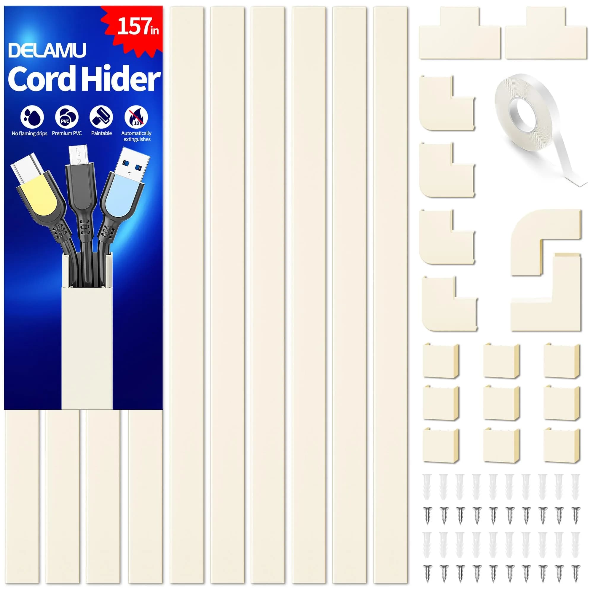 Delamu Cord Cover Wall 157in | Flame-Rated Plastic Cable Raceway for Neat Cables