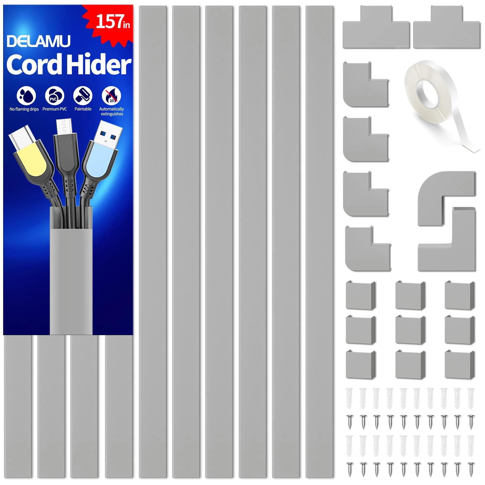 Delamu Grey Cord Hider, 157in Wall Cable Raceway for 2-3 Wires | Flammability Safe, Easy Install
