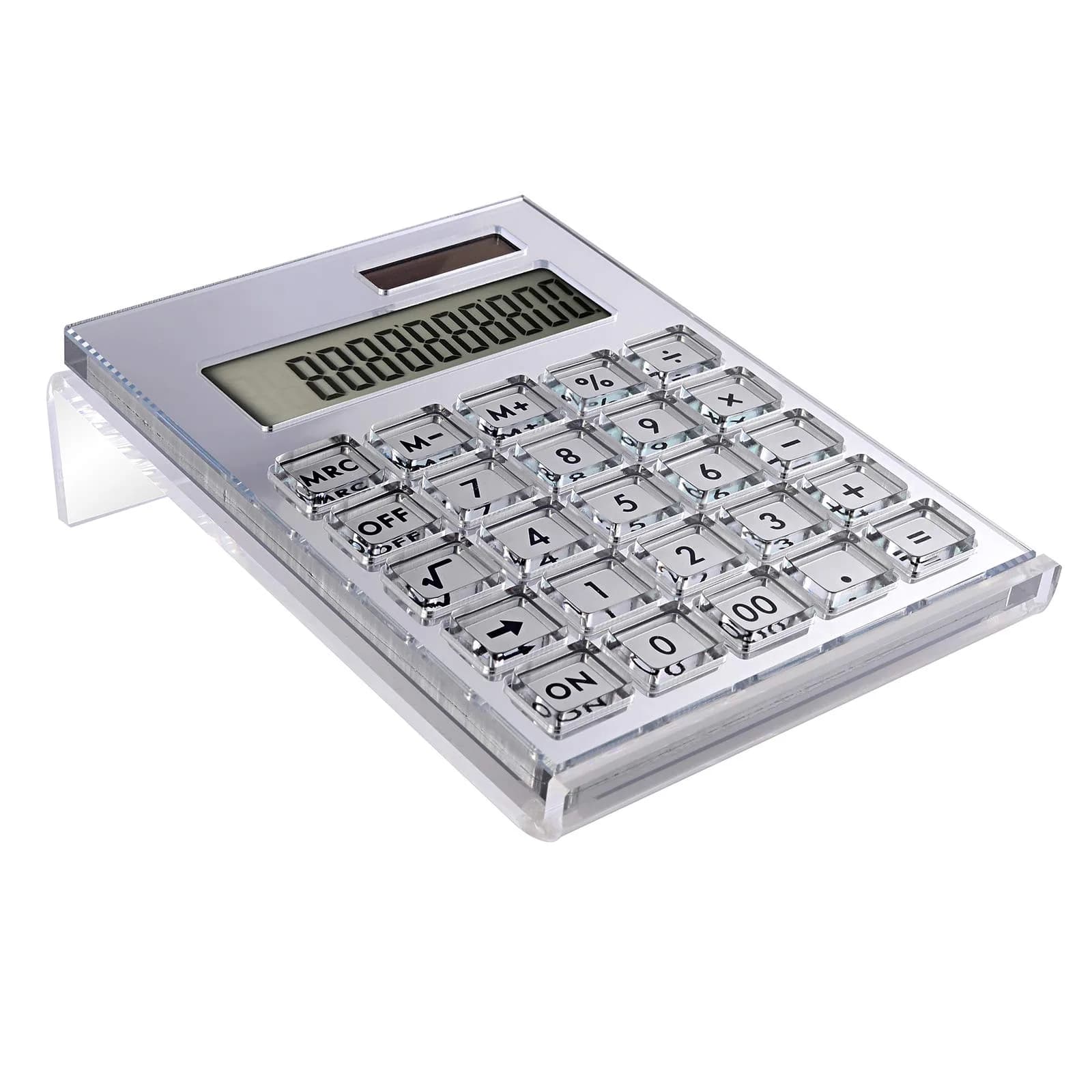 EXPUTRAN Acrylic Calculator with Stand, Pink | 12-Digit LCD Display, Solar & Battery Powered — Silver