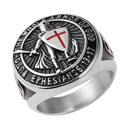 HZMAN Knights Templar Stainless Steel Ring with Red Cross Design, Size 7 | Faith and Strength Statement thumbnail 1