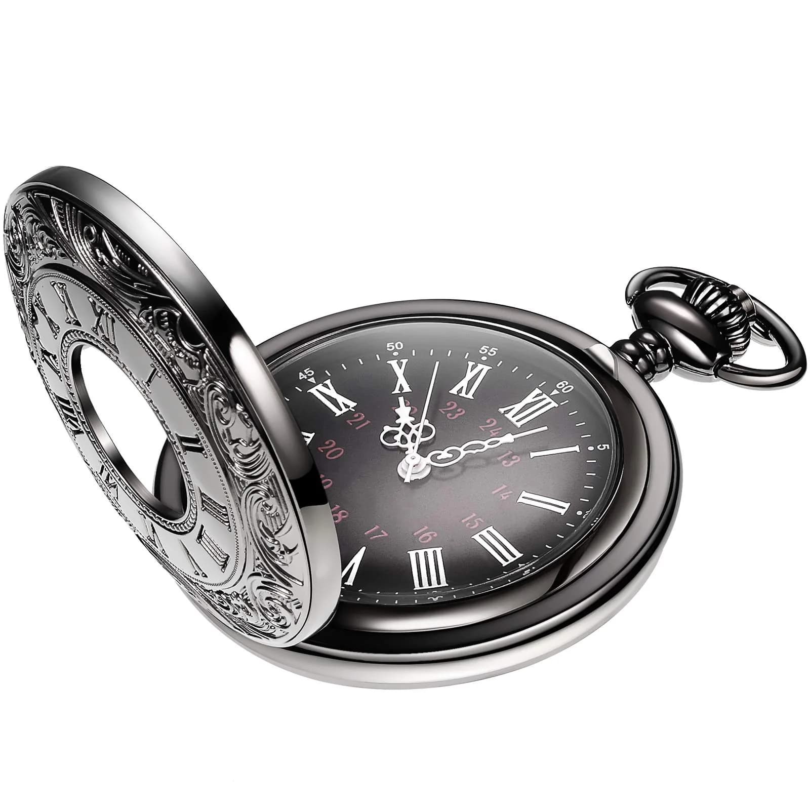 Hicarer Silver Watch Vintage Pocket Watch with Chain | Classic Roman Numerals, 4.6cm Diameter, 37cm Chain - main product image