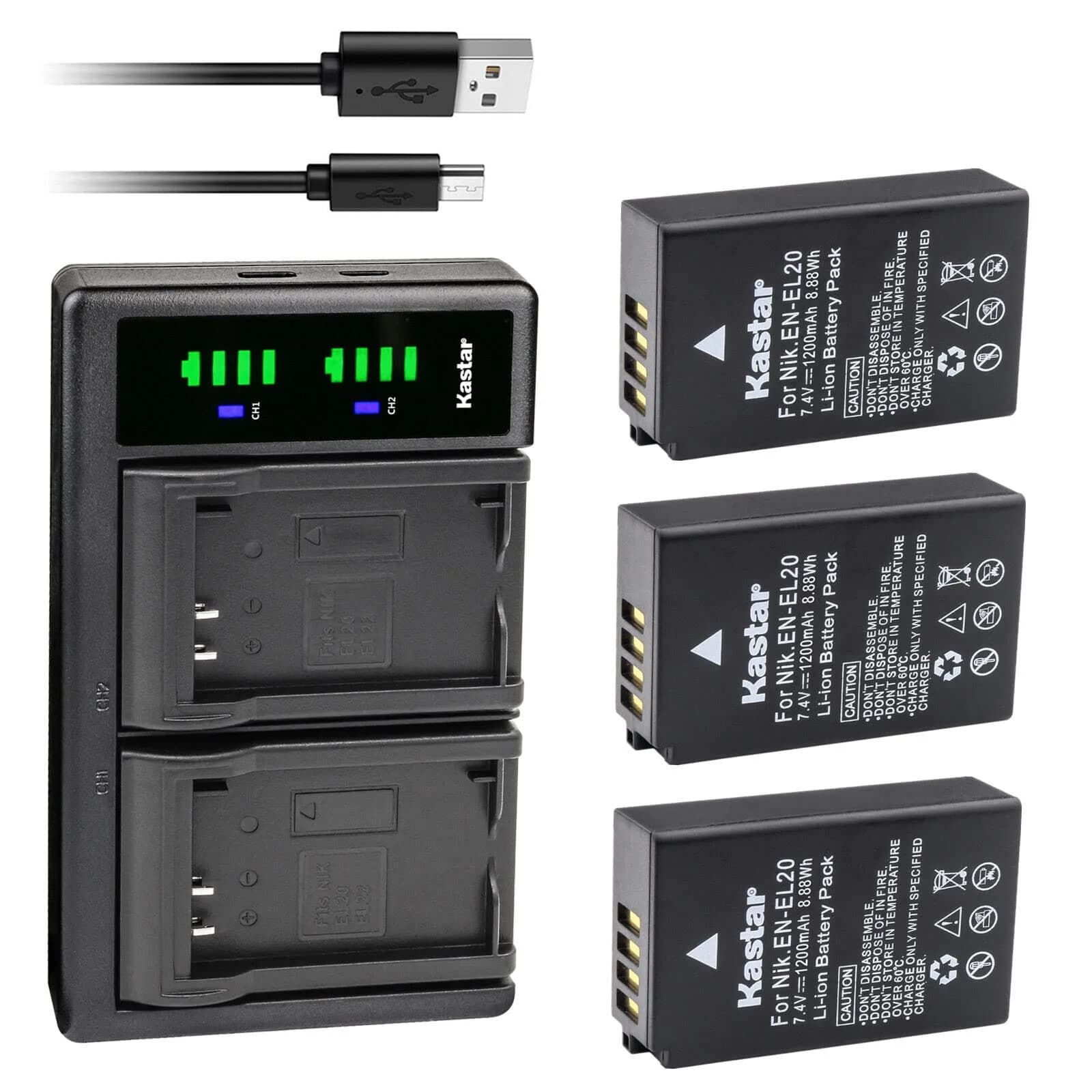 Kastar EN-EL20a Battery & LTD2 USB Charger Kit for Nikon P950, P1000, A, 1 Series Cameras | 1200mAh, 7.4V — 1 Charger + 3 Batteries