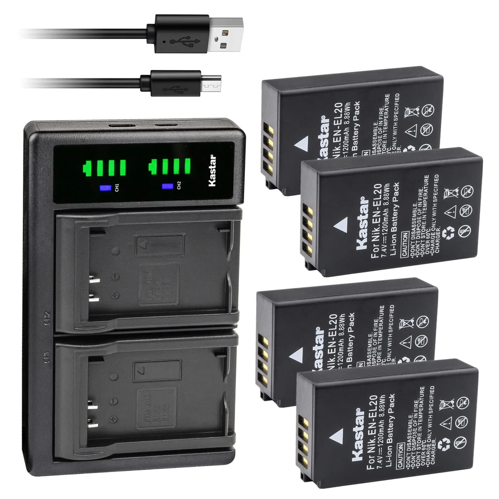Kastar EN-EL20a Battery & LTD2 USB Charger Kit for Nikon P950, P1000, A, 1 Series Cameras | 1200mAh, 7.4V — 1 Charger + 4 Batteries