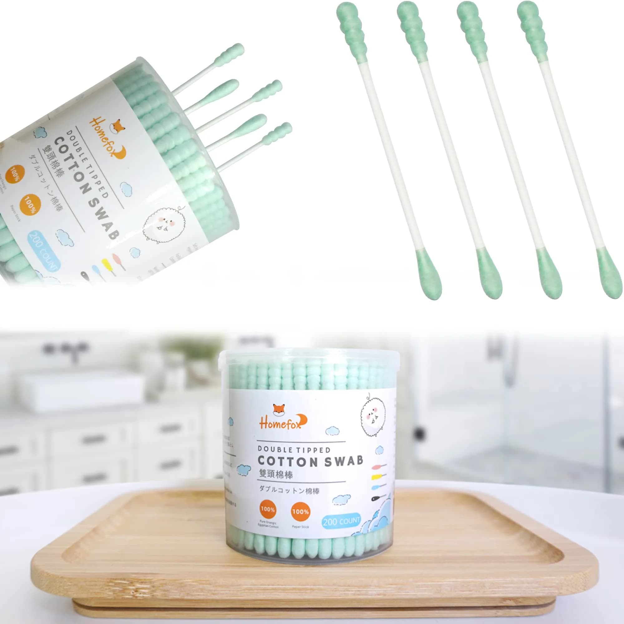 HOMEFOX Green Cotton Swabs Spiral - 200 Count | Organic Cotton Buds with Paper Stick