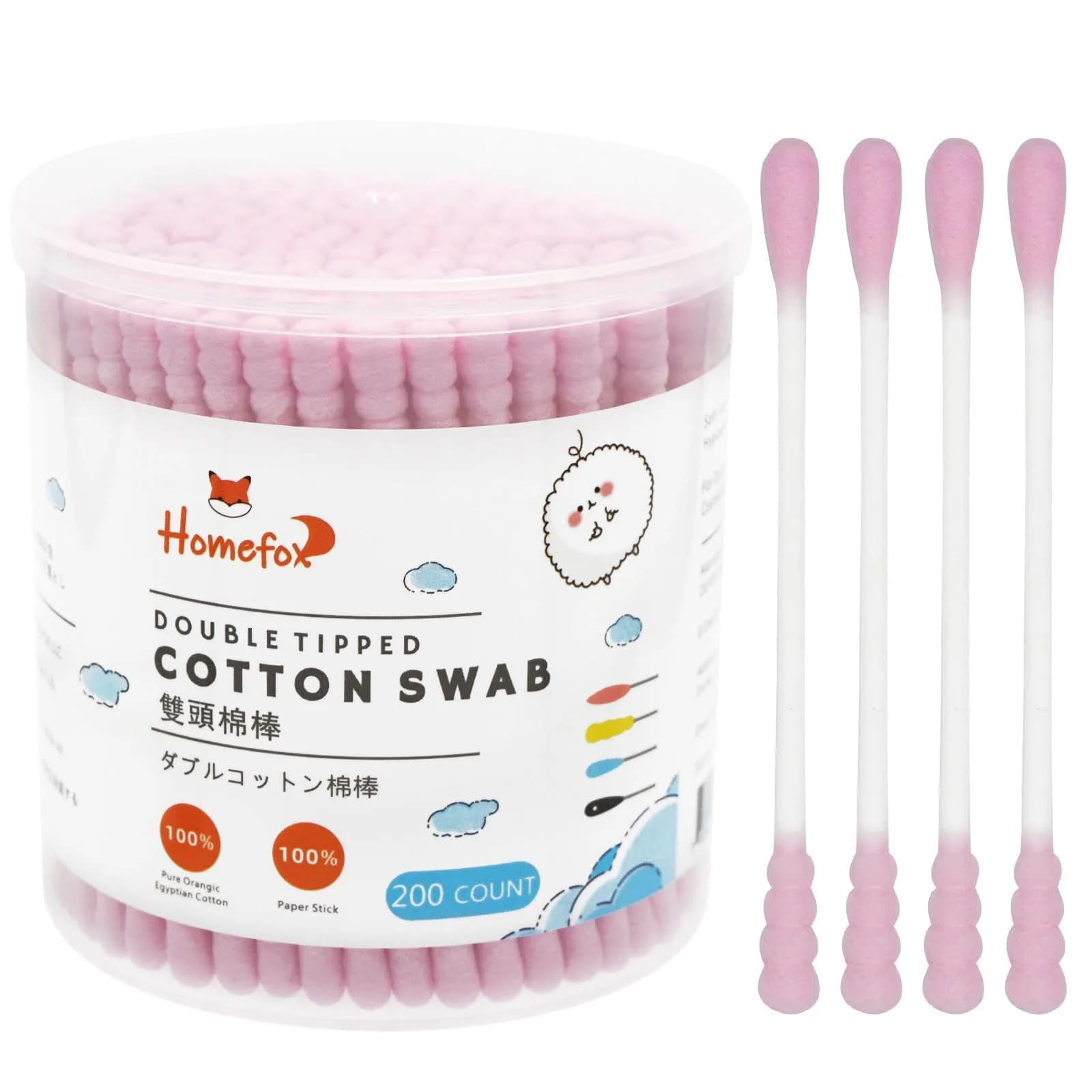 HOMEFOX Pink Cotton Swabs Spiral - 200 Count | Organic Cotton Buds with Paper Stick