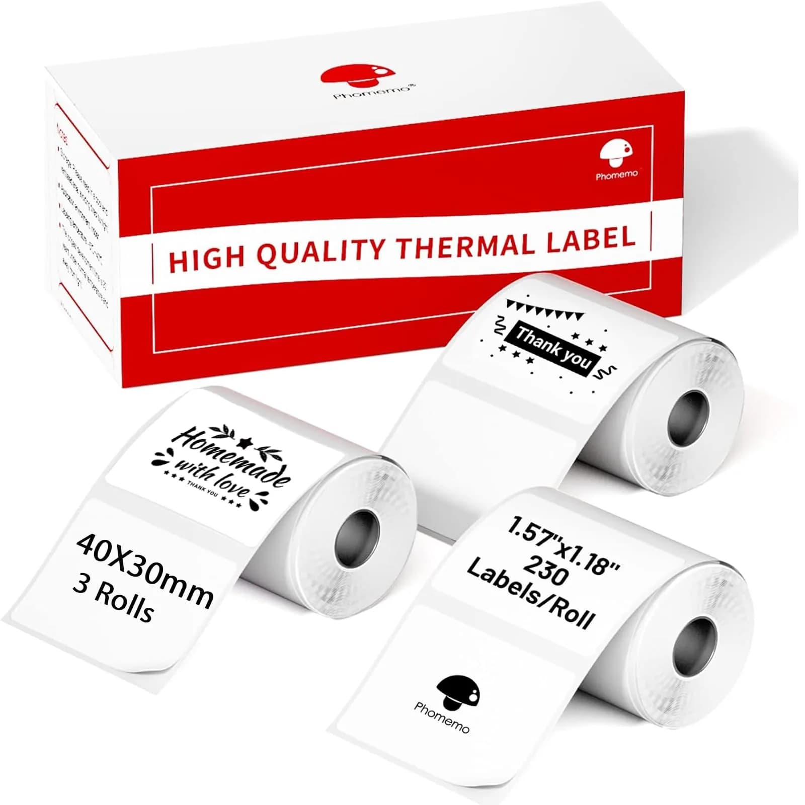 Phomemo M110 Thermal Labels 40x30mm (1.57"x1.18") Black on White, 6 Rolls | Professional Grade Labels for Small Business — White / 3 rolled