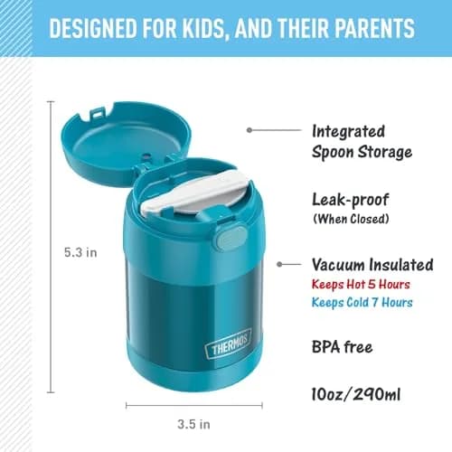THERMOS Kids Food Jar with Spoon 10oz Teal | Keeps Food Hot or Cold for School & Play thumbnail 2