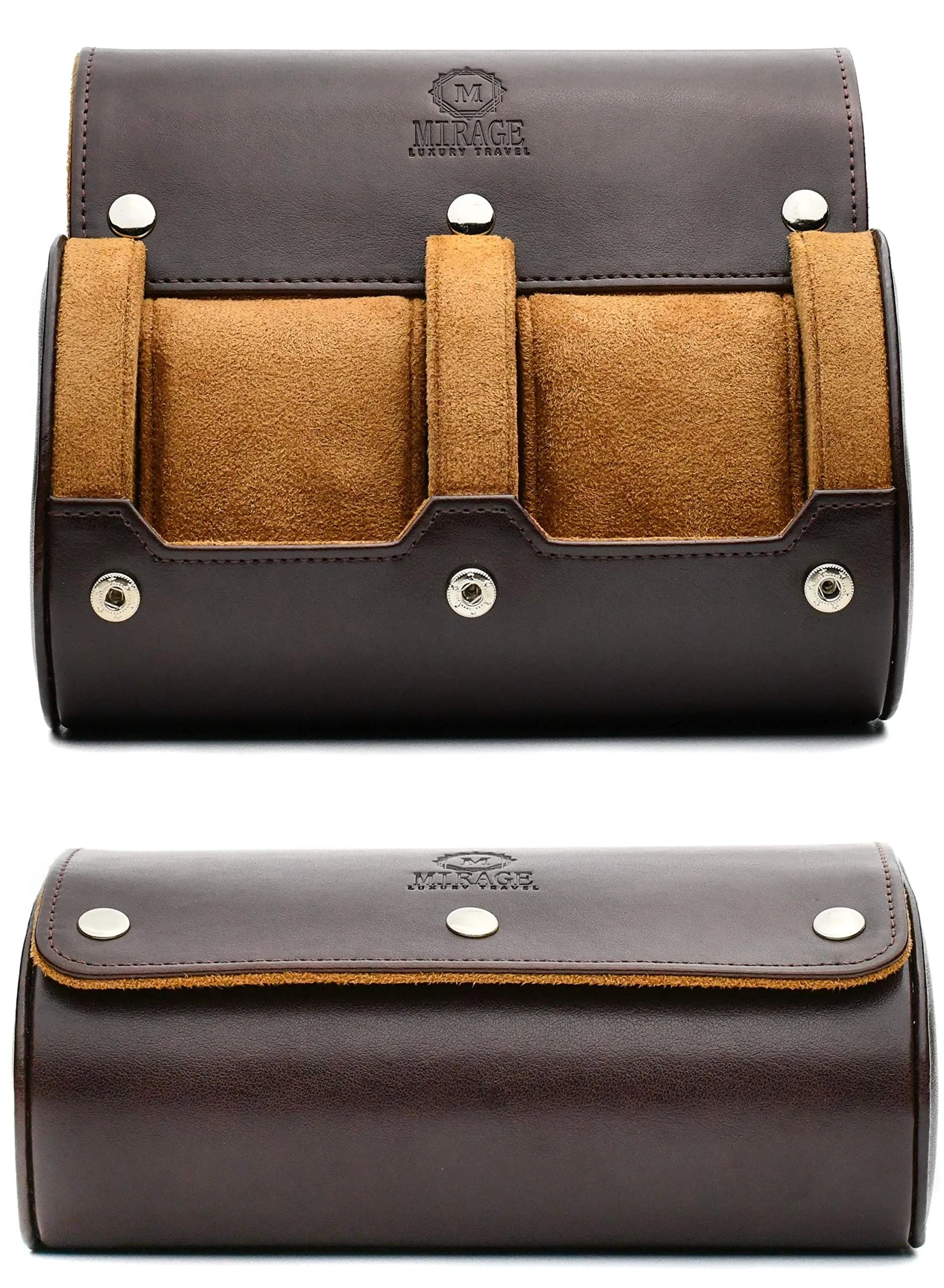 M Mirage Luxury Travel 3-Slot Watch Roll Case for Travel & Display | Espresso Brown Vegan Leather — Brown