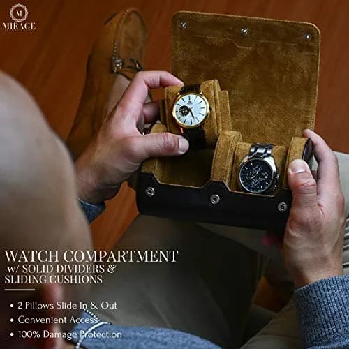 M Mirage Luxury Travel Watch Roll for Travel Organizer and Display Watch Case 2-Slots (Brown) thumbnail 4