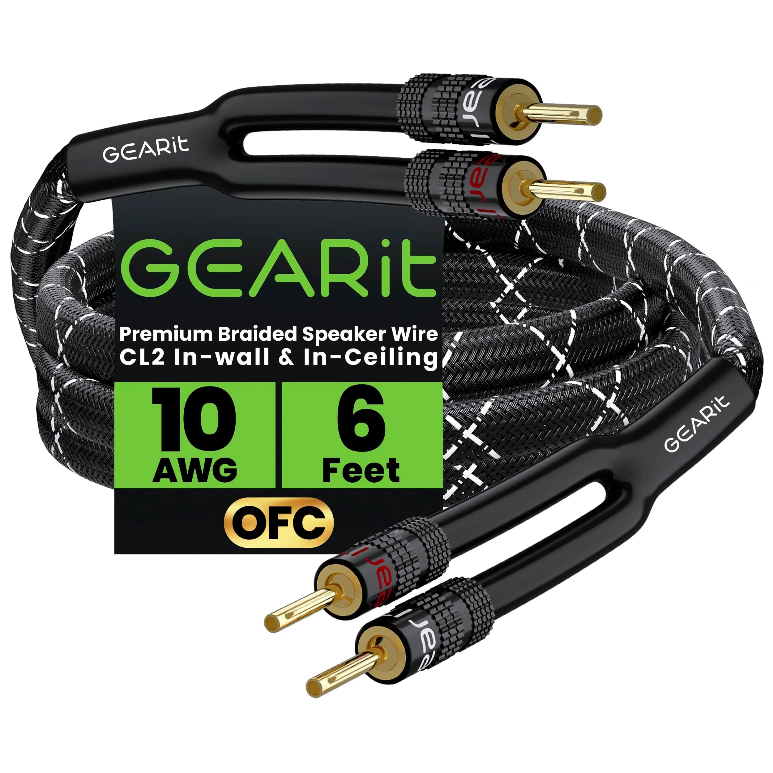 GEARit 10 Gauge Black Speaker Wire Banana Plugs CL2 Rated in-Wall 6 Feet | High Quality Copper, Braided Nylon, Gold Plated Tips - main product image