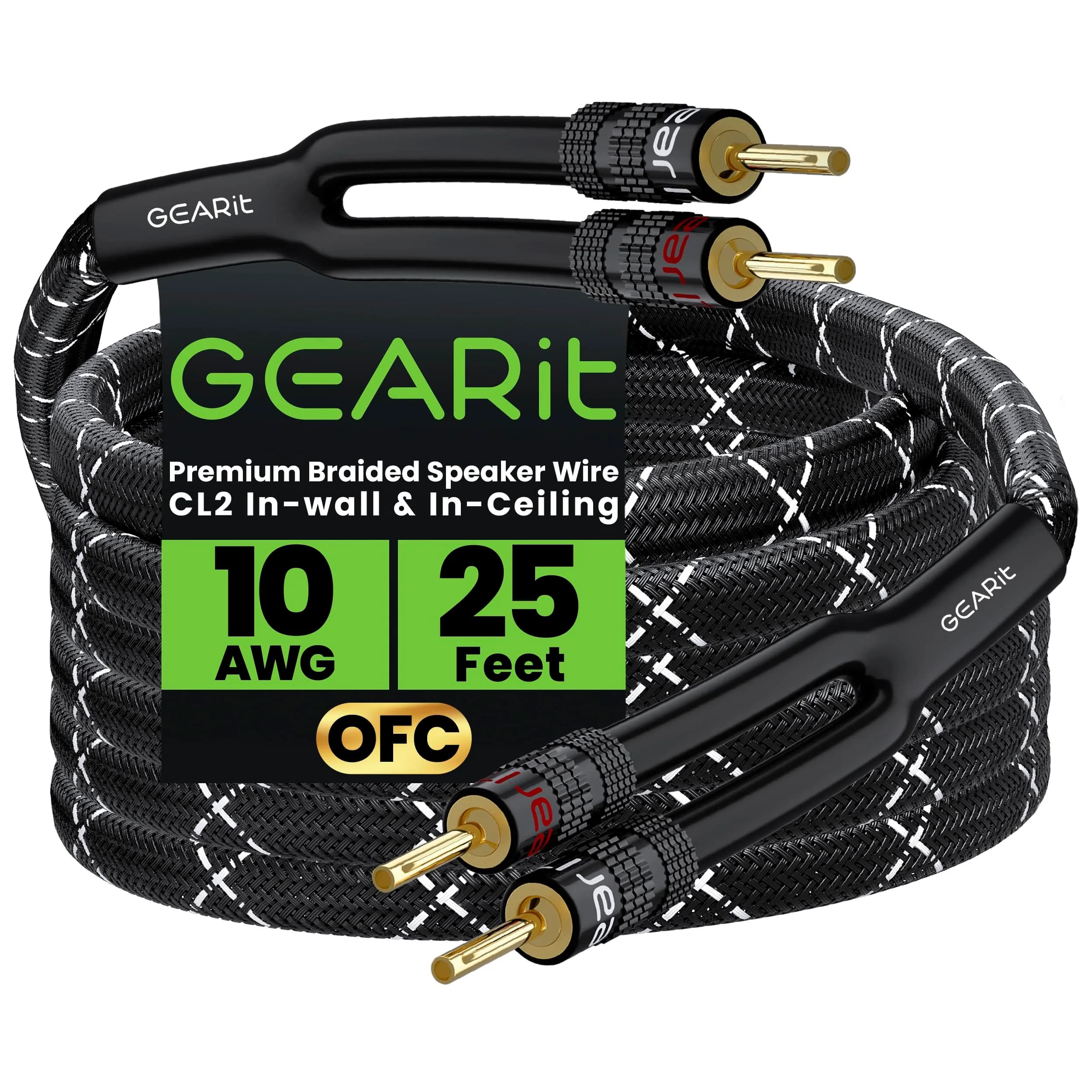 GEARit 10 Gauge Black Speaker Wire Banana Plugs CL2 Rated in-Wall 15 Feet | High Quality Copper, 10AWG, Bi-Wire Compatible — Black