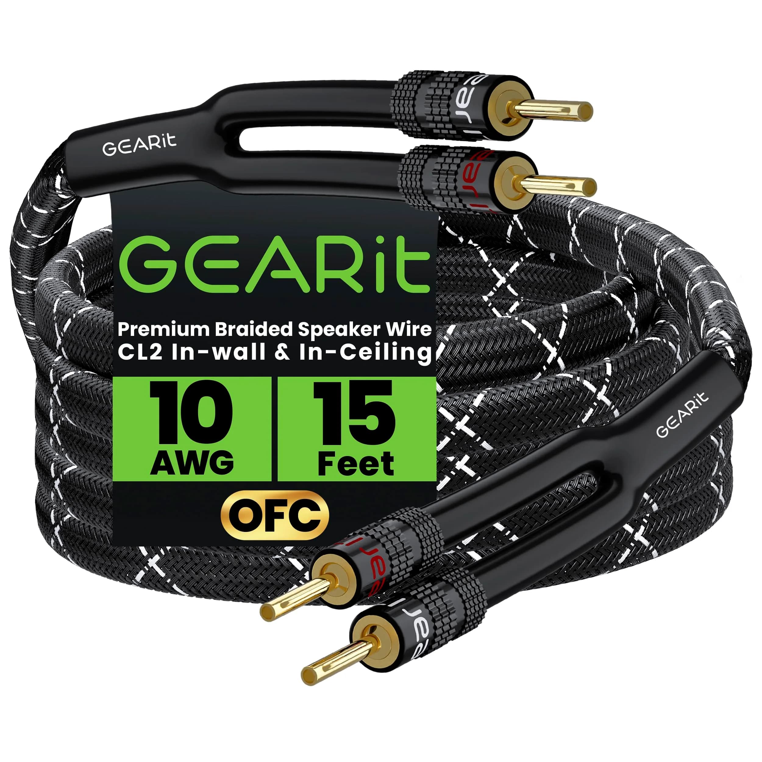 GEARit 10 Gauge Black Speaker Wire Banana Plugs CL2 Rated in-Wall 15 Feet | High Quality Copper, 10AWG, Bi-Wire Compatible