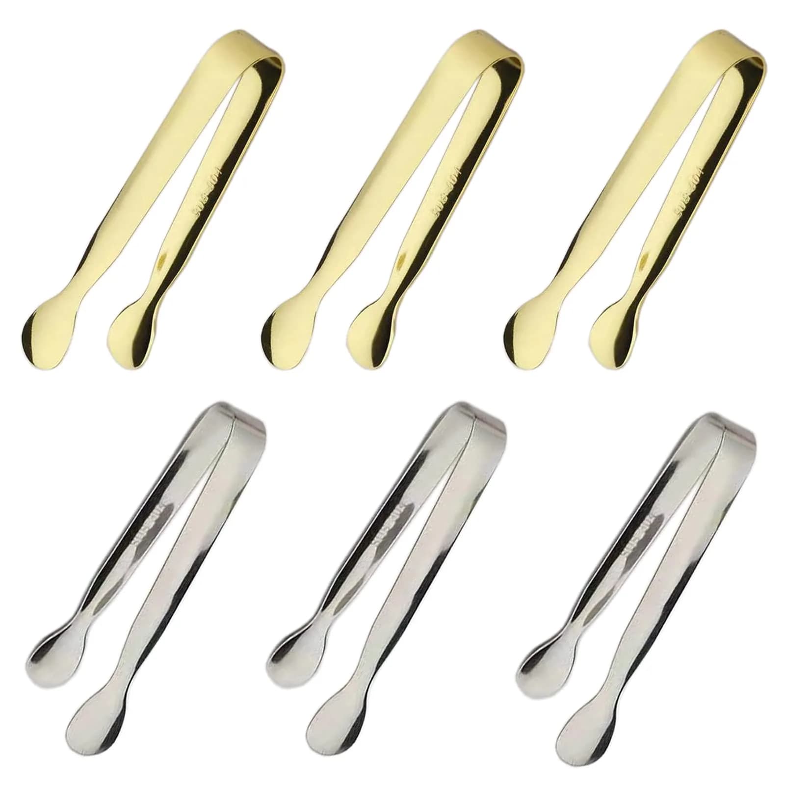 Sunenlyst 6PCS Mini Sugar Tongs 13cm (4.25 Inch) | Food Grade Stainless Steel Appetizer Tongs — 6PCS Silver and Gold
