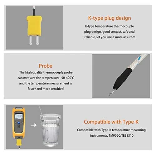 Weewooday K Type Thermocouple Temperature Probe Sensor with 3 Meter Fiberglass Cable, -50 to 400°C | 5-Piece Set for Rapid Measurement thumbnail 4