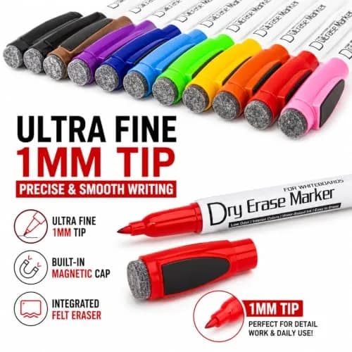 Volcanics Magnetic Dry Erase Markers, Fine Tip, 10 Colors, 12-Pack | Smooth Ink Flow for Students & Office thumbnail 6