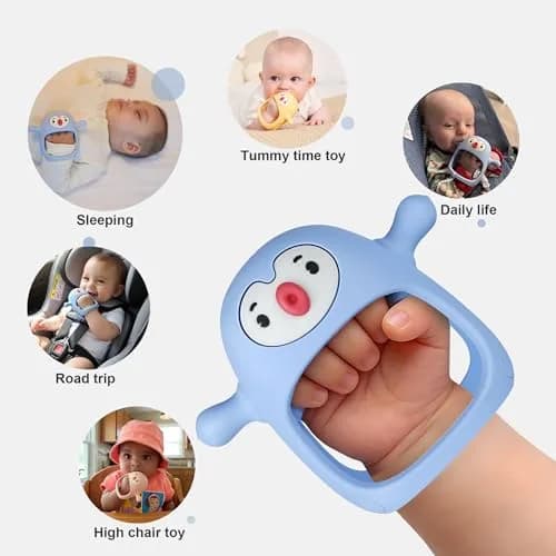 Smily Mia Baby Teething Toys for 0-6Months | Penguin Teether | Hand Teether | Teething Mittens | Light Blue thumbnail 5