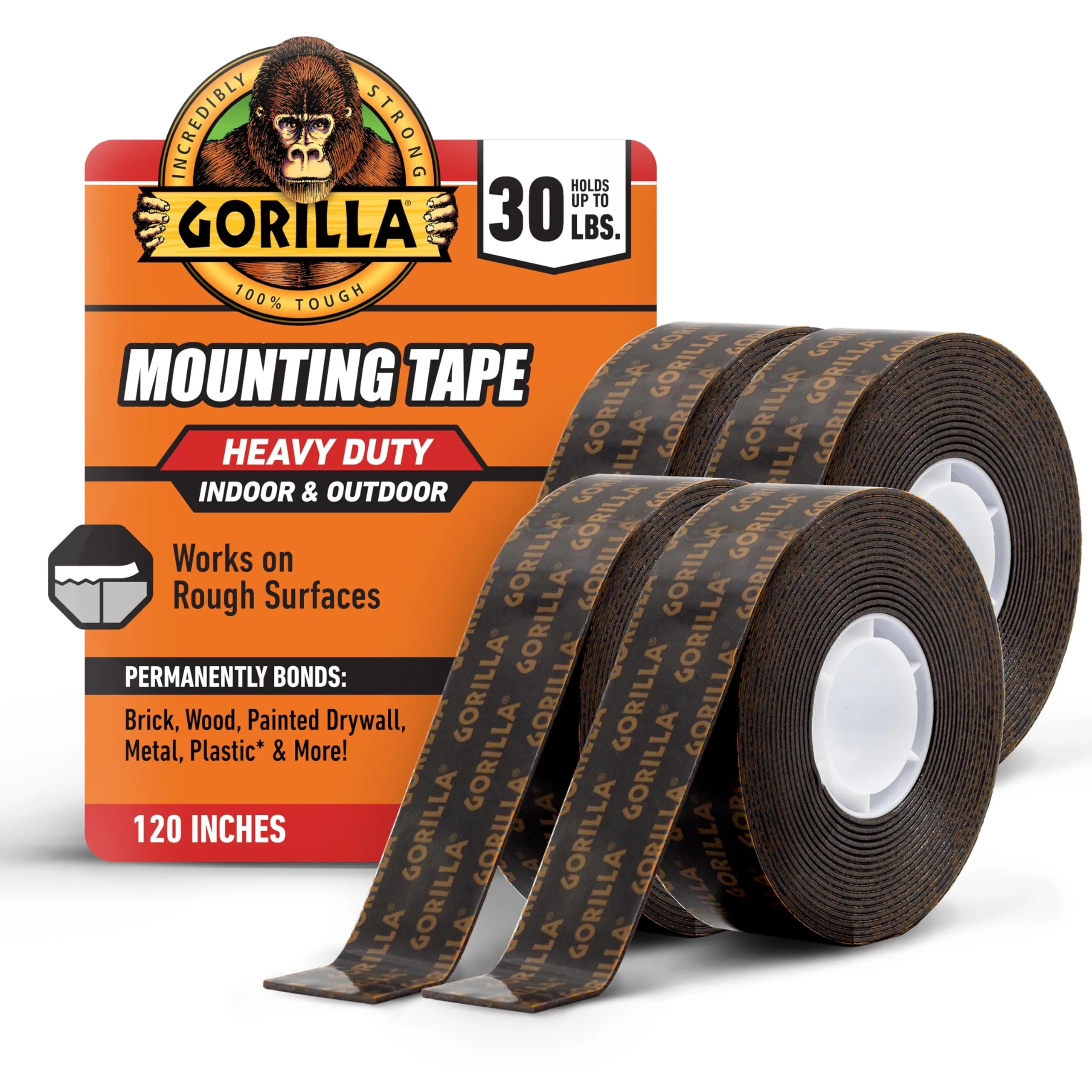 GORILLA Heavy Duty Double Sided Mounting Tape 1 inch x 120 inch (4 Pack) | Holds up to 30lbs