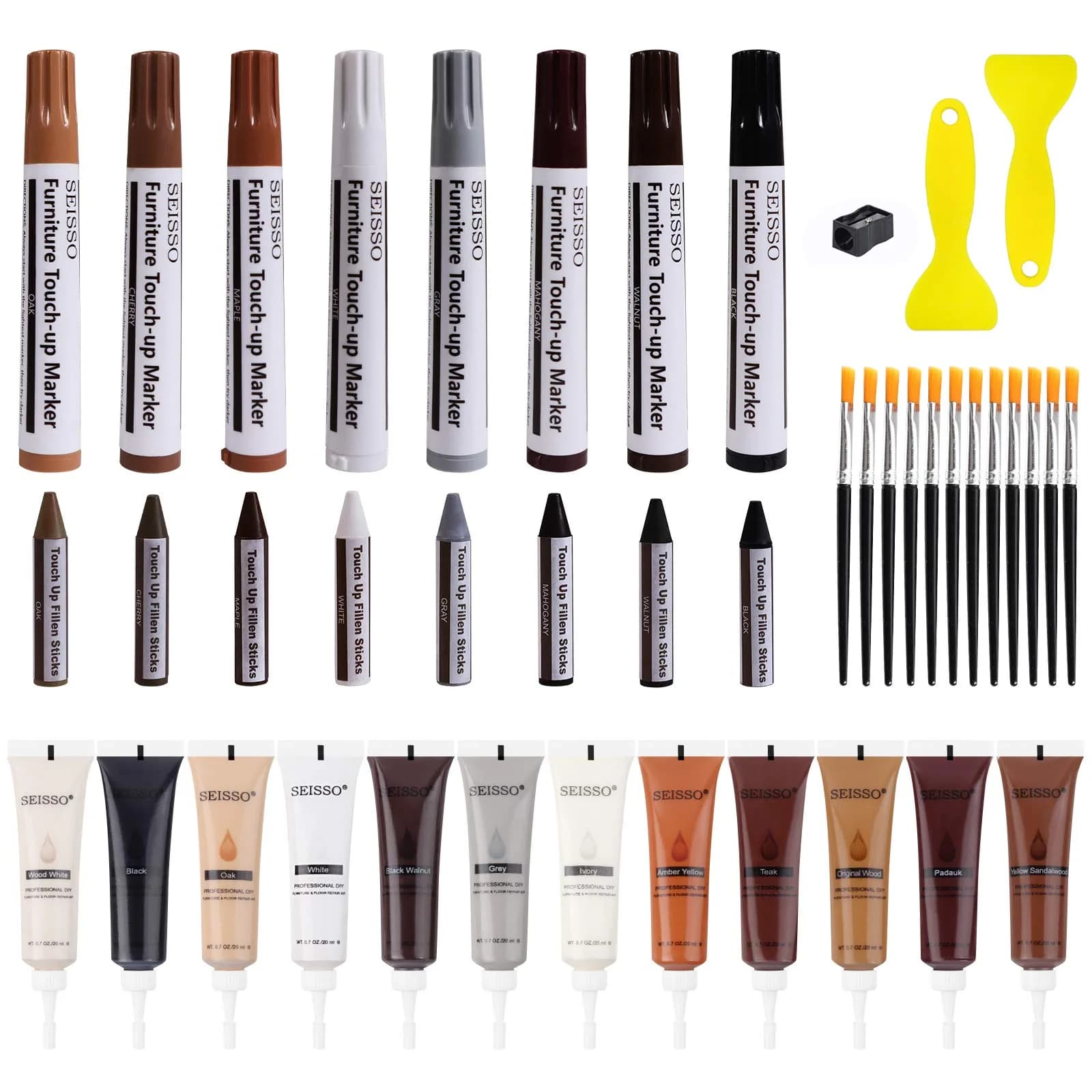 SEISSO Furniture Repair Kit 17PCS Wood Markers & Wax Sticks | Touch Up Scratches & Stains — 42 Pcs