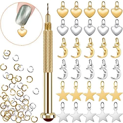 PAGOW 71PCS Dangle Nail Art Charms Kit with Hand Drill & Jump Rings | Nail Piercing Tool for Acrylic, Gel & Decorations thumbnail 1