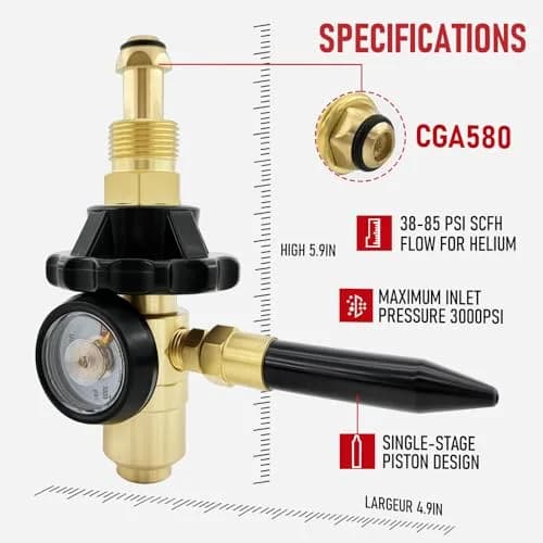 RX WELD Helium Regulator with CGA580 Tank Valve | Durable Brass Fittings, 0-3000 PSI thumbnail 2