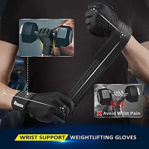 ihuan Full Finger Workout Gloves for Men, Weight Lifting Gym Gloves with Wrist Support & Touchscreen Fingers (Large, Black) thumbnail 3
