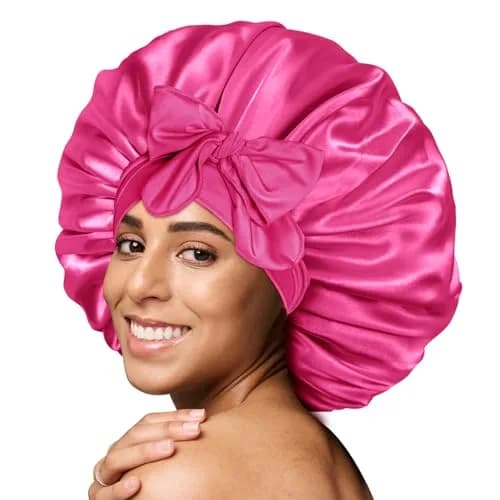 BONNET QUEEN XL Large Silk Bonnet for Sleeping for Women Big Satin Bonnet Night Cap for Curly Hair with Tie Band, Large, Hot Pink | Extra Large, Protective Sleep Cap thumbnail 1
