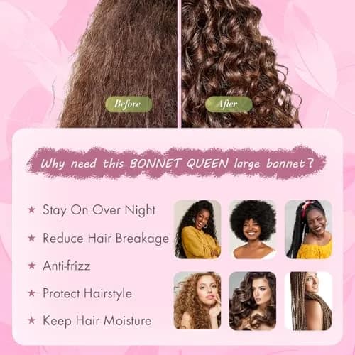 BONNET QUEEN XL Large Silk Bonnet for Sleeping for Women Big Satin Bonnet Night Cap for Curly Hair with Tie Band, Large, Hot Pink | Extra Large, Protective Sleep Cap thumbnail 5